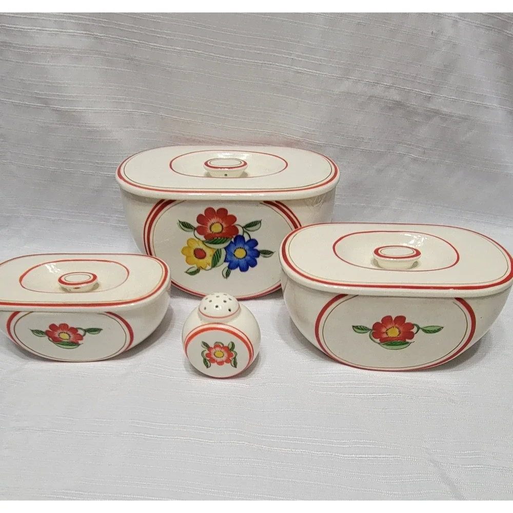 Vintage Floral Ceramic Nesting Canister Set 7pc Cream Red Blue Yellow Shaker